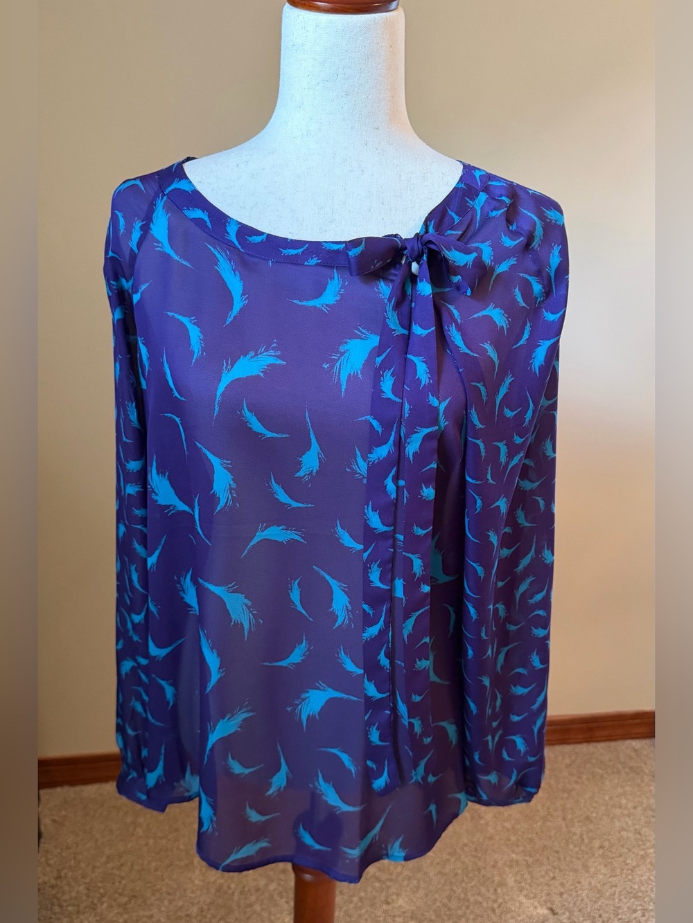 LOFT Purple Tie-Neck Feather-Print Blouse
